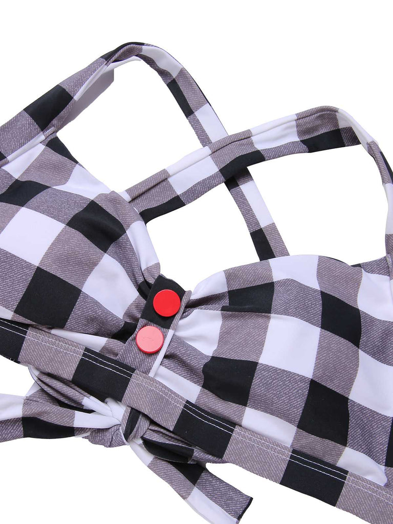 1950s Double Strap Buttoned Plaids Swimsuit — 1950s poolside glamour meets sun-drenched confidence