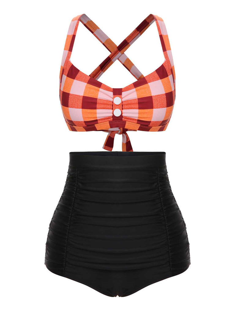 1950s Double Strap Buttoned Plaids Swimsuit: 1950s Riviera elegance, reimagined for her