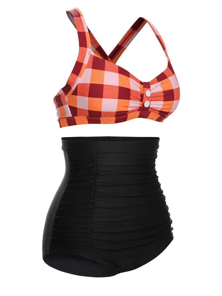 This 1950s Double Strap Buttoned Plaids Swimsuit carries 1950s vacation dreams in every stitch