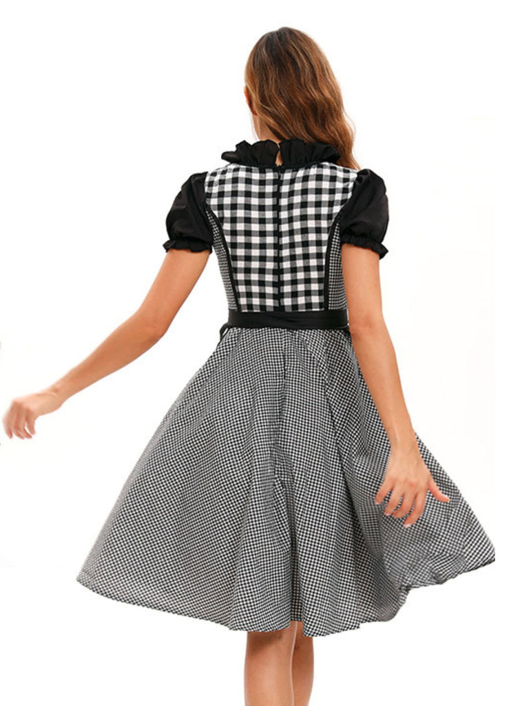 2PCS Black 1950s Oktoberfest Puff Sleeves Gingham Dress with Apron - vintage dress, retro fashion, rockabilly