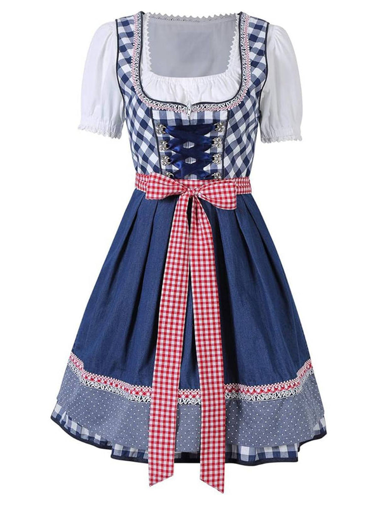 2PCS Blue 1950s Oktoberfest Puff White Top & Gingham Dress & Apron - vintage dress, retro fashion, rockabilly