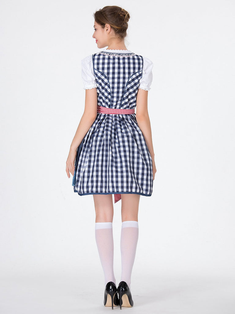 2PCS Blue 1950s Oktoberfest Puff White Top & Gingham Dress & Apron - vintage dress, retro fashion, rockabilly