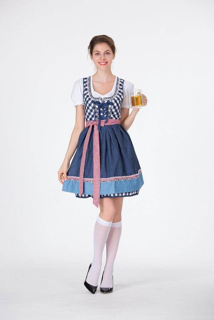 2PCS Blue 1950s Oktoberfest Puff White Top & Gingham Dress & Apron - vintage dress, retro fashion, rockabilly