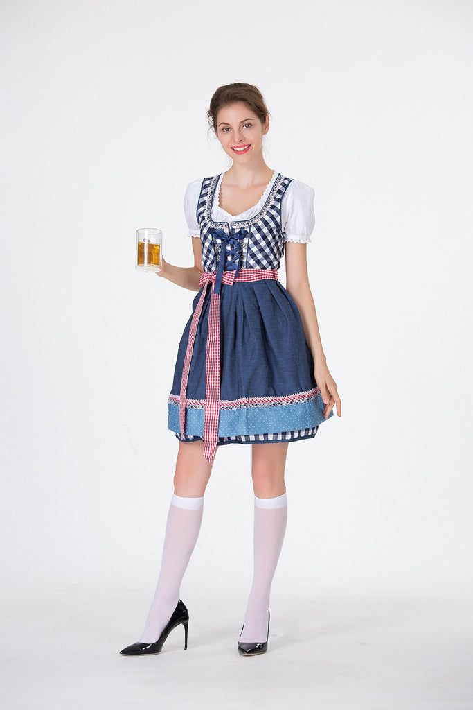 2PCS Blue 1950s Oktoberfest Puff White Top & Gingham Dress & Apron - vintage dress, retro fashion, rockabilly