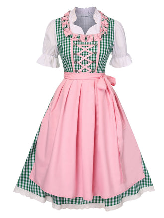 2PCS 1950s Oktoberfest White Top & Green Plaid Dress & Pink Apron - vintage dress, retro fashion, rockabilly