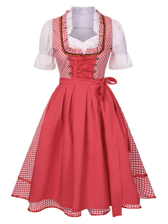 2PCS 1950s Oktoberfest White Top & Red Plaid Dress & Red Apron - vintage dress, retro fashion, rockabilly