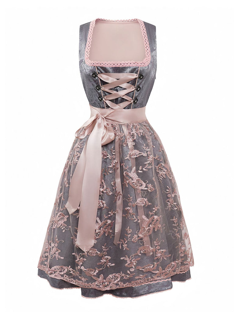 2PCS Pink 1950s Floral Jacquard Dress & Mesh Embroidered Apron - vintage dress, retro fashion, rockabilly