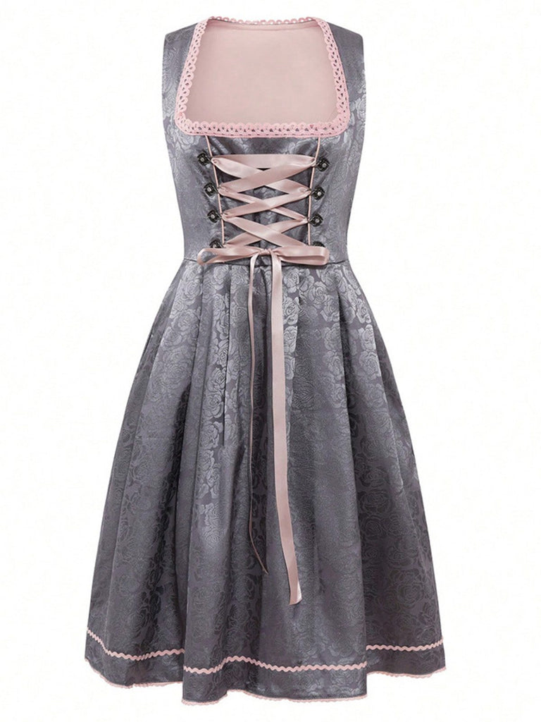 2PCS Pink 1950s Floral Jacquard Dress & Mesh Embroidered Apron - vintage dress, retro fashion, rockabilly