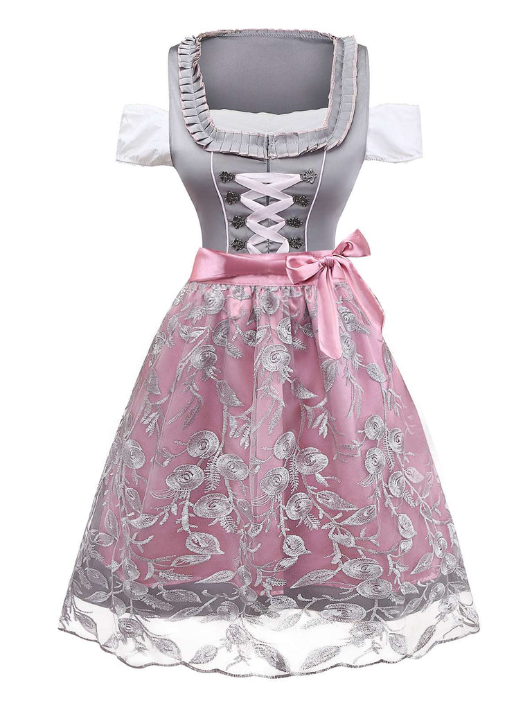 3PCS Pink 1950s Satin Lace Embroidered Dress & Off-Shoulder Top - vintage dress, retro fashion, rockabilly