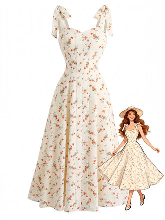 Beige 1950s Floral Print Tie Strap Sweetheart Neck Dress - vintage dress, retro fashion, rockabilly