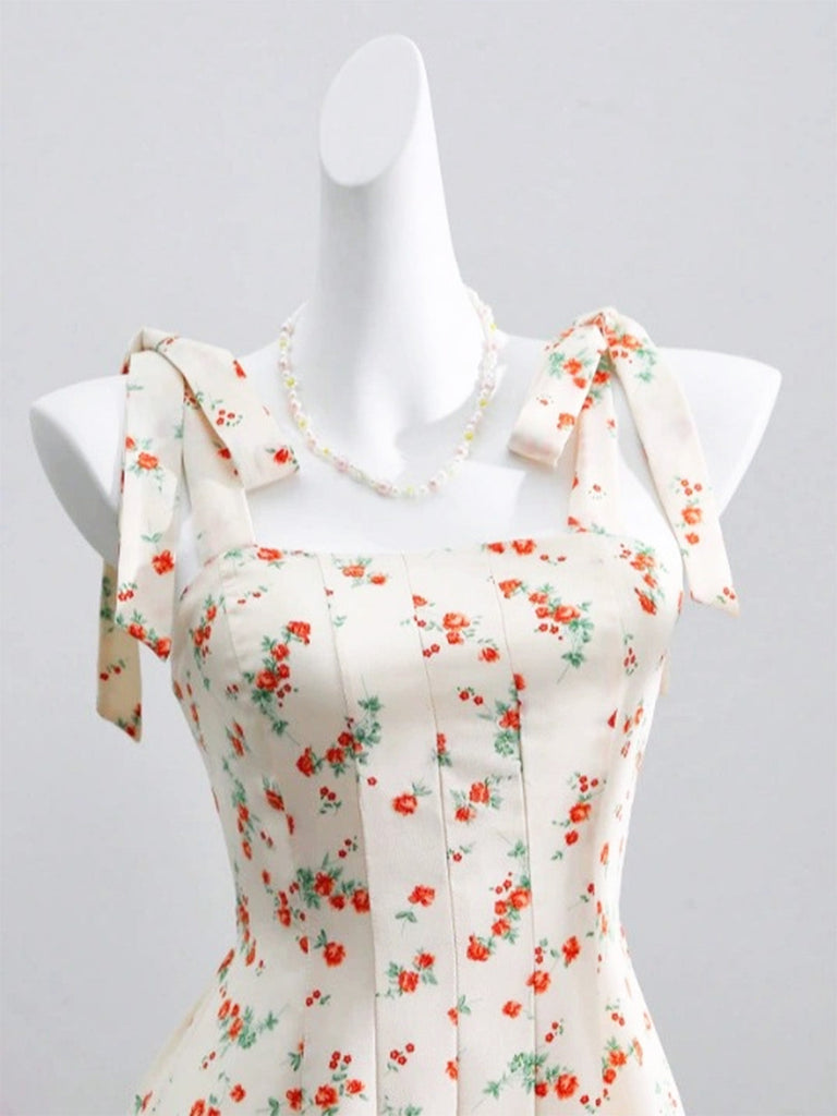 Beige 1950s Floral Print Tie Strap Sweetheart Neck Dress - vintage dress, retro fashion, rockabilly