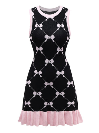 Black 1950s Bow Print Sleeveless Knit Ruffled Dress - vintage dress, retro fashion, rockabilly