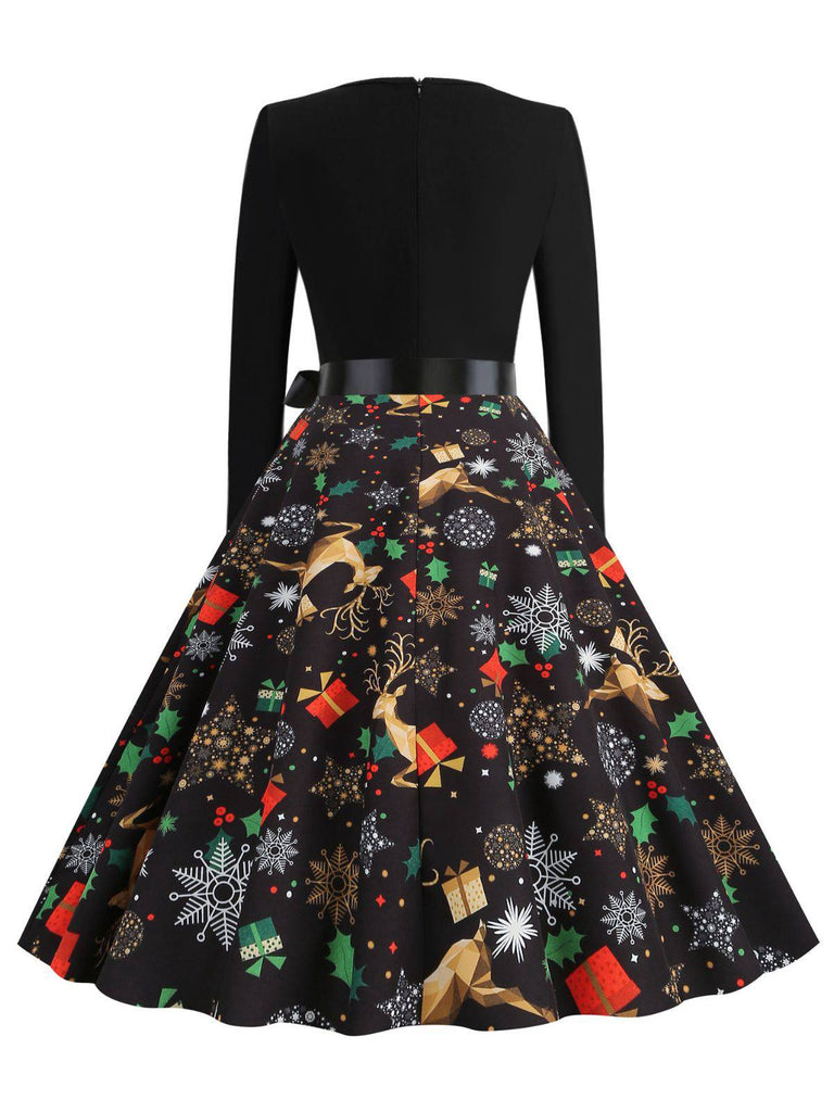 Black 1950s Christmas Print Petal Collar Belted Dress - vintage dress, retro fashion, rockabilly