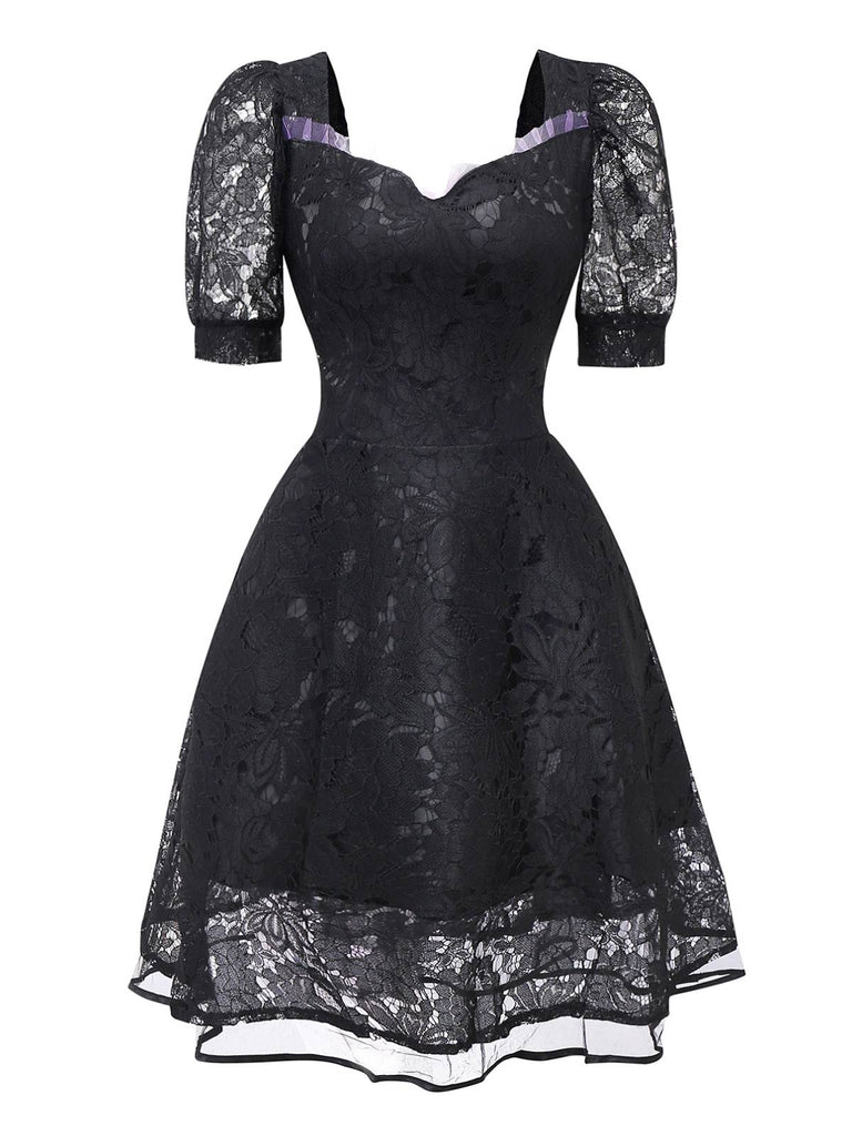Black 1950s Gothic Witch Bride Lace Embroidered Dress - vintage dress, retro fashion, rockabilly