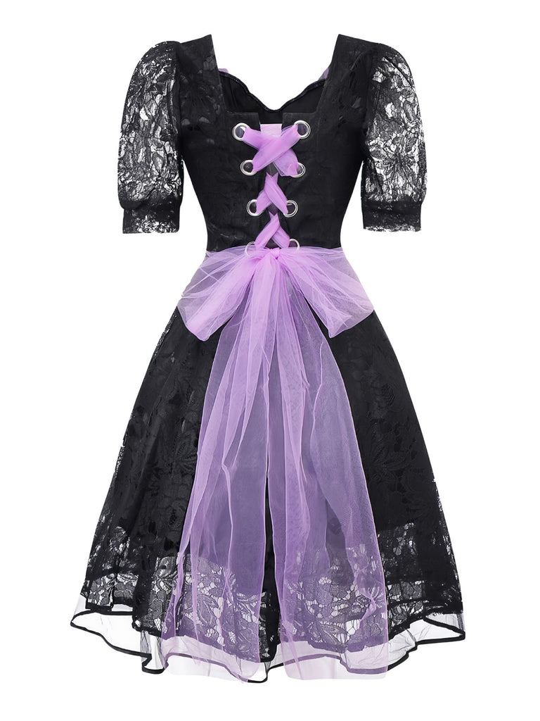 Black 1950s Gothic Witch Bride Lace Embroidered Dress - vintage dress, retro fashion, rockabilly