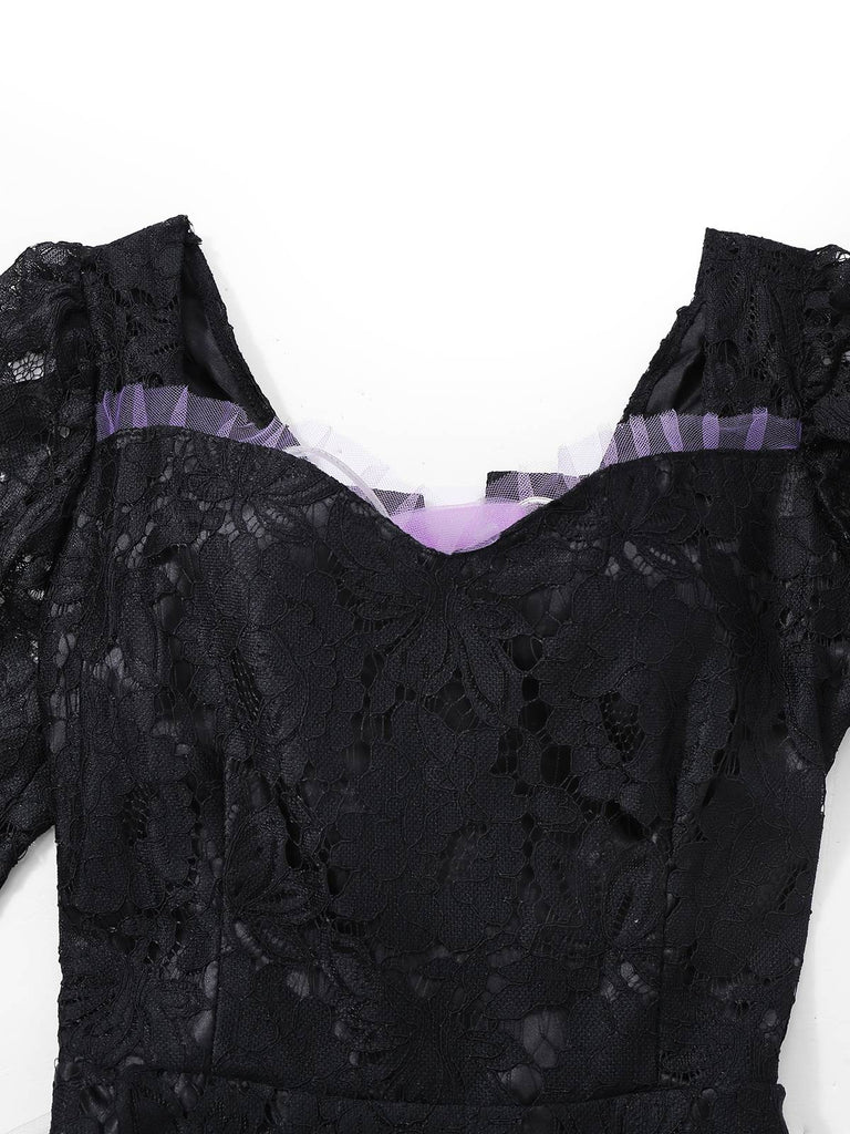 Black 1950s Gothic Witch Bride Lace Embroidered Dress - vintage dress, retro fashion, rockabilly