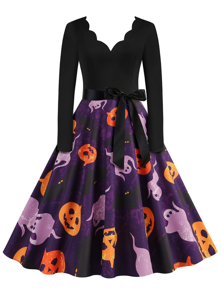 Black 1950s Halloween Pumpkin Ghost Petal Collar Dress - vintage dress, retro fashion, rockabilly