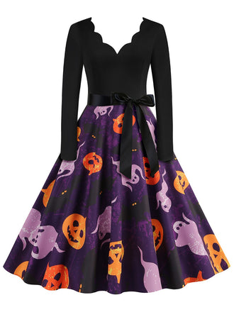Black 1950s Halloween Pumpkin Ghost Petal Collar Dress - vintage dress, retro fashion, rockabilly