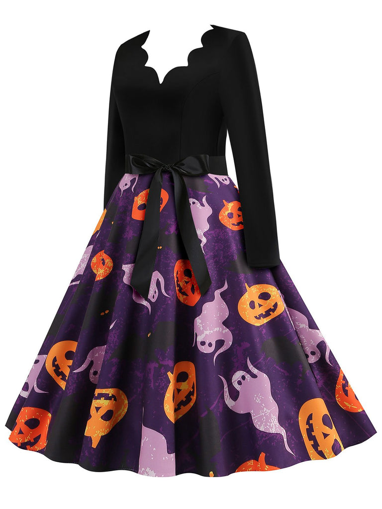 Black 1950s Halloween Pumpkin Ghost Petal Collar Dress - vintage dress, retro fashion, rockabilly