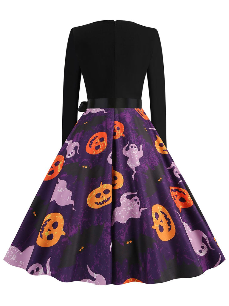 Black 1950s Halloween Pumpkin Ghost Petal Collar Dress - vintage dress, retro fashion, rockabilly