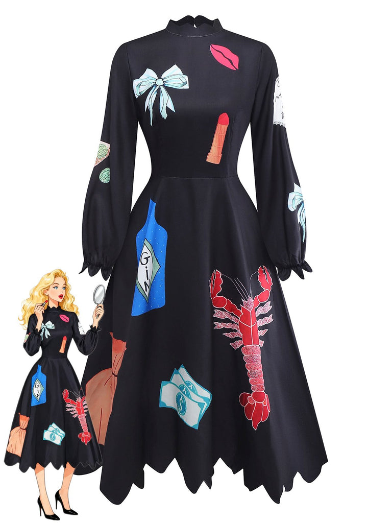 Black 1950s Lobster Zigzag Neck Lantern Sleeve Dress - vintage dress, retro fashion, rockabilly