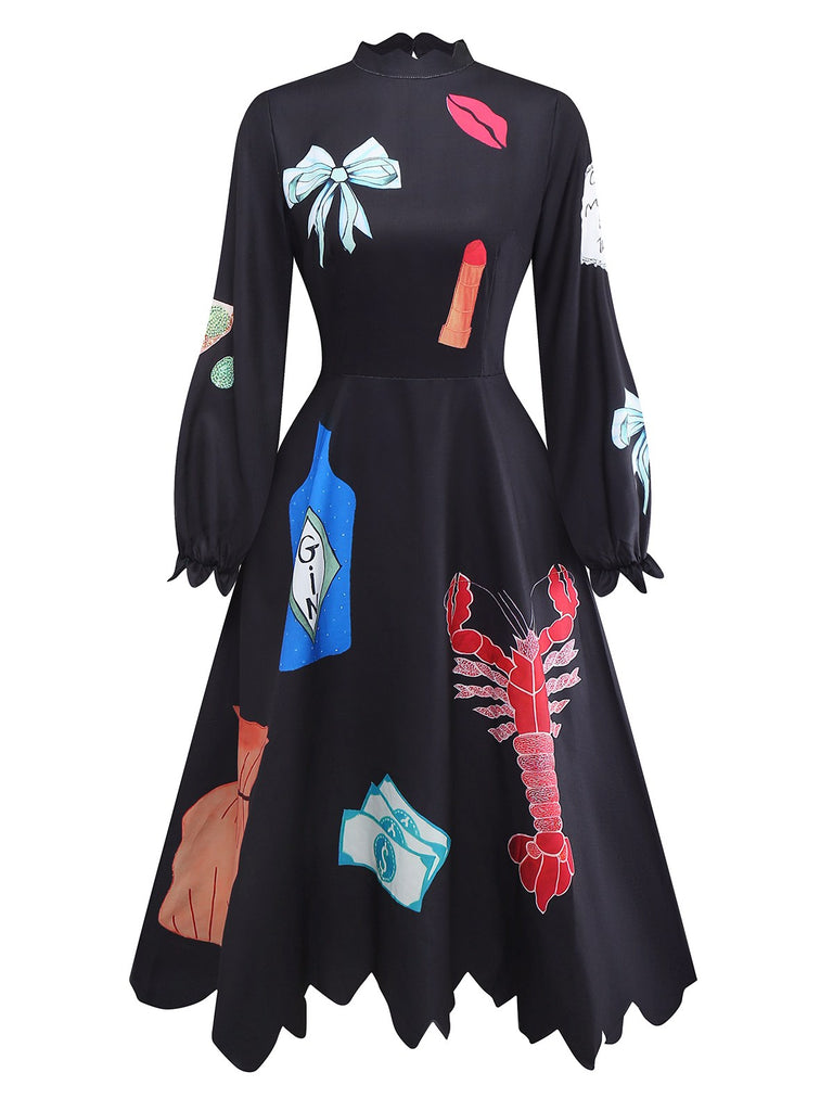 Black 1950s Lobster Zigzag Neck Lantern Sleeve Dress - vintage dress, retro fashion, rockabilly