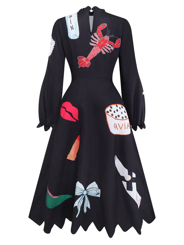 Black 1950s Lobster Zigzag Neck Lantern Sleeve Dress - vintage dress, retro fashion, rockabilly