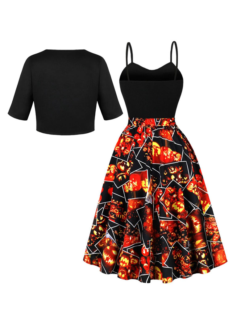 Black 1950s Pumpkin Halloween Swing Dress & Bolero Jacket - vintage dress, retro fashion, rockabilly
