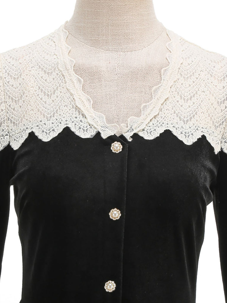 Black 1950s Velvet  Knitted Collar Pearl Button Dress - vintage dress, retro fashion, rockabilly