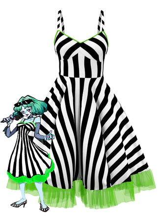 Black&White 1950s Striped Fluorescent Green Lace Dress - vintage dress, retro fashion, rockabilly