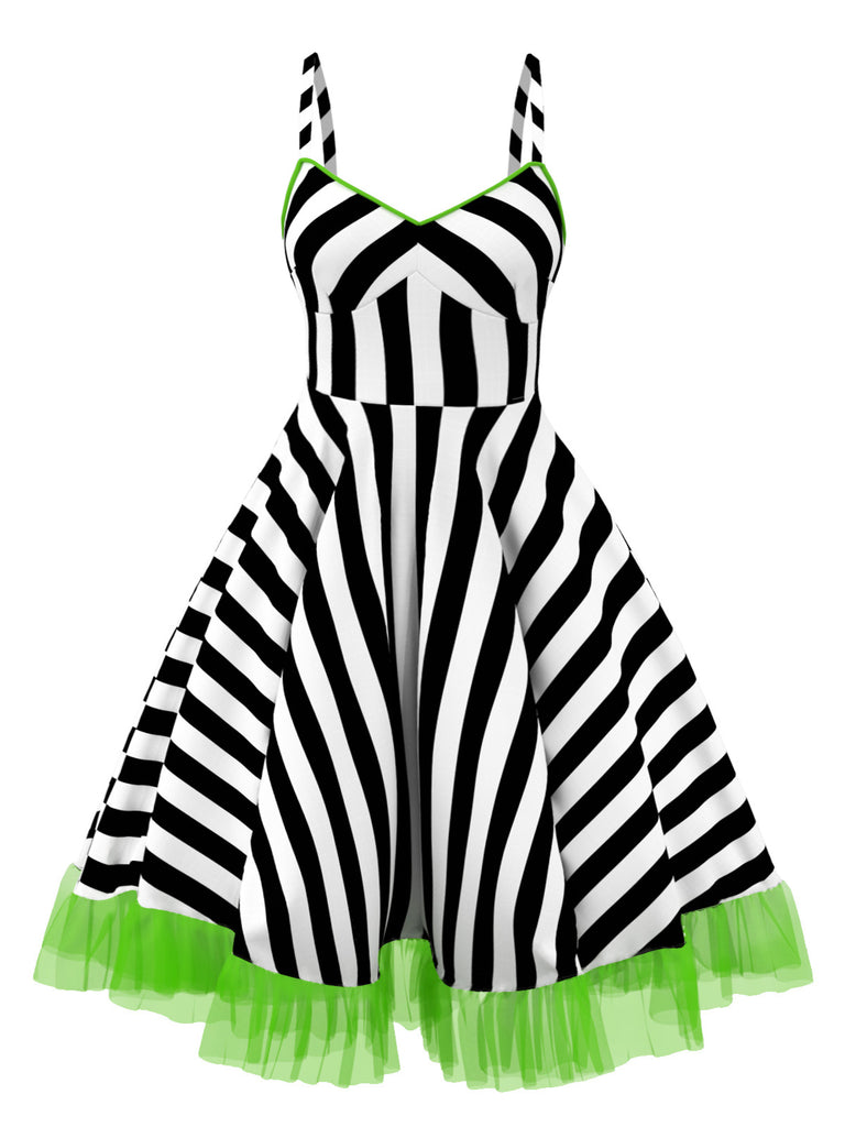 Black&White 1950s Striped Fluorescent Green Lace Dress - vintage dress, retro fashion, rockabilly
