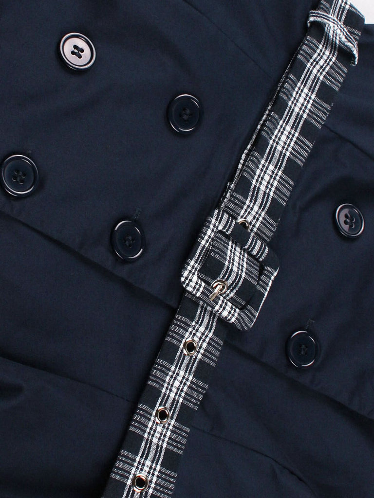 Blue 1950s Double Breasted Plaid Lapel Belted Dress - vintage dress, retro fashion, rockabilly