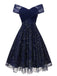 Blue 1950s Off-Shoulder Embroidered Sequin Floral Dress - vintage dress, retro fashion, rockabilly