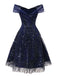 Blue 1950s Off-Shoulder Embroidered Sequin Floral Dress - vintage dress, retro fashion, rockabilly
