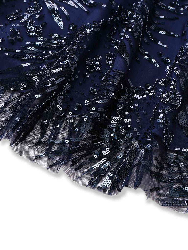 Blue 1950s Off-Shoulder Embroidered Sequin Floral Dress - vintage dress, retro fashion, rockabilly