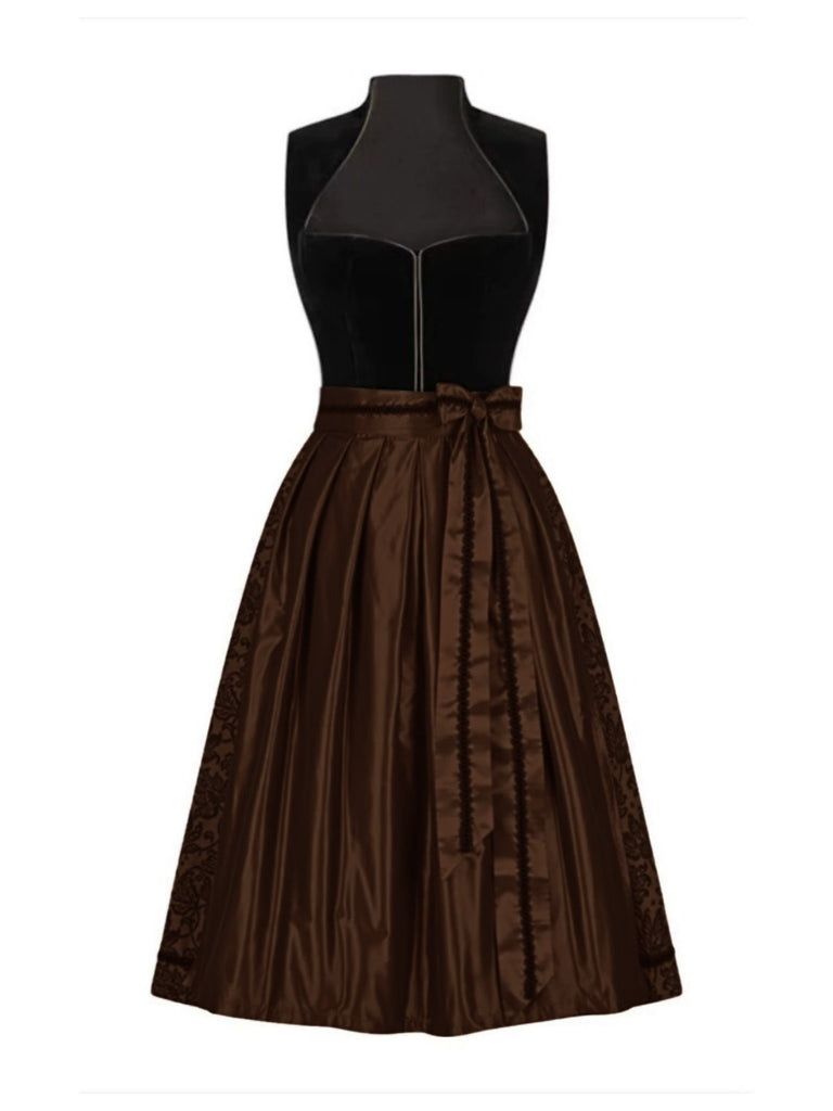 Brown 1950s Crochet Velvelt Dress & Satin Pleated Apron - vintage dress, retro fashion, rockabilly