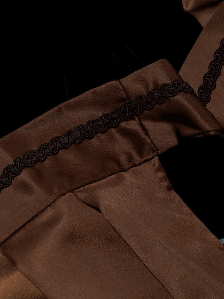 Brown 1950s Crochet Velvelt Dress & Satin Pleated Apron - vintage dress, retro fashion, rockabilly
