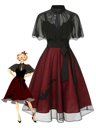 2PCS Black 1950s Halloween Bat Mesh Dress & Sheer Cape - vintage dress, retro fashion, rockabilly