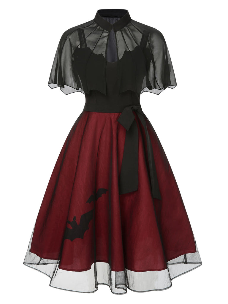 2PCS Black 1950s Halloween Bat Mesh Dress & Sheer Cape - vintage dress, retro fashion, rockabilly