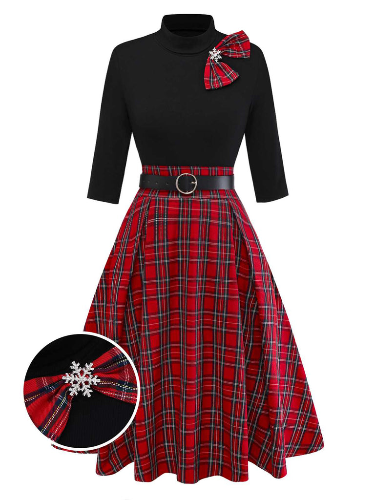 1950s Christmas Plaid Belted Dress With Snowflake Brooch - vintage dress, retro fashion, rockabilly