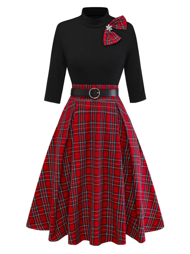1950s Christmas Plaid Belted Dress With Snowflake Brooch - vintage dress, retro fashion, rockabilly