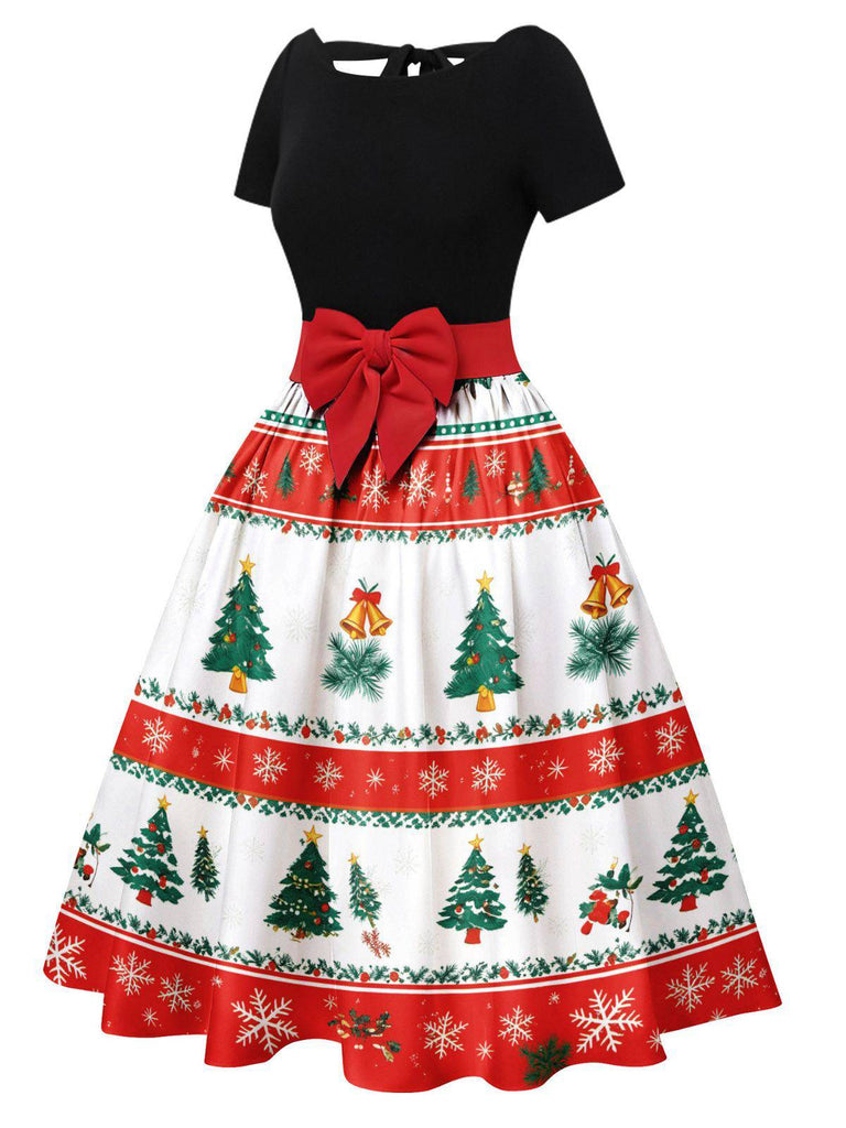 1950s Christmas Tree Patchwork Bow Belted Swing Dress - vintage dress, retro fashion, rockabilly