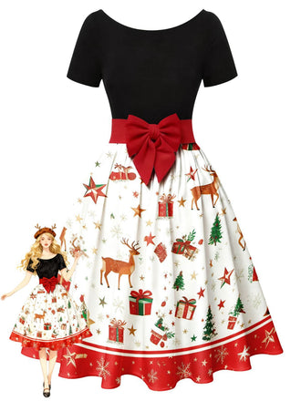 1950s Christmas Tree Patchwork Bow Belted Swing Dress - vintage dress, retro fashion, rockabilly