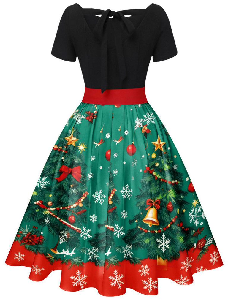 1950s Christmas Tree Patchwork Bow Belted Swing Dress - vintage dress, retro fashion, rockabilly
