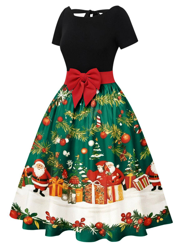 1950s Christmas Tree Patchwork Bow Belted Swing Dress - vintage dress, retro fashion, rockabilly