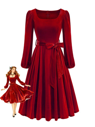 1950s Christmas Velvet Square Neck Long Sleeve Dress - vintage dress, retro fashion, rockabilly