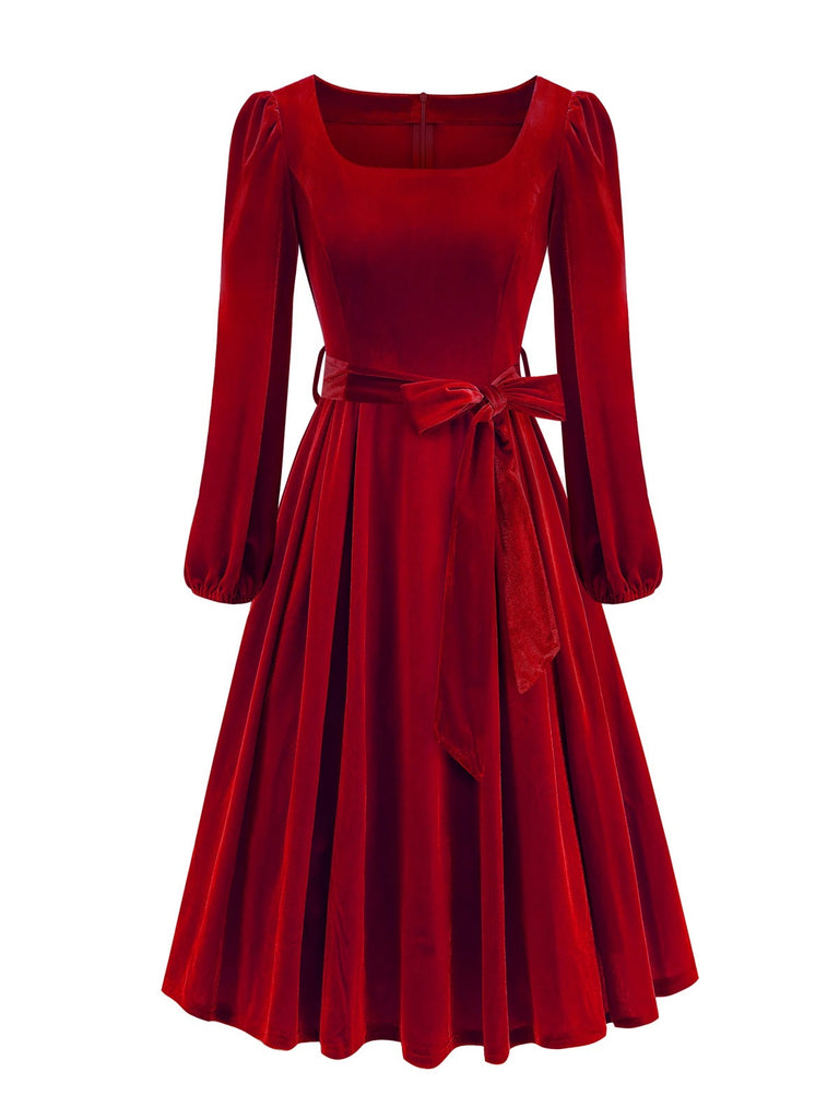 1950s Christmas Velvet Square Neck Long Sleeve Dress - vintage dress, retro fashion, rockabilly