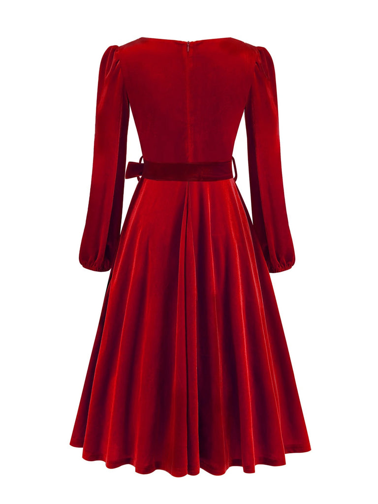 1950s Christmas Velvet Square Neck Long Sleeve Dress - vintage dress, retro fashion, rockabilly
