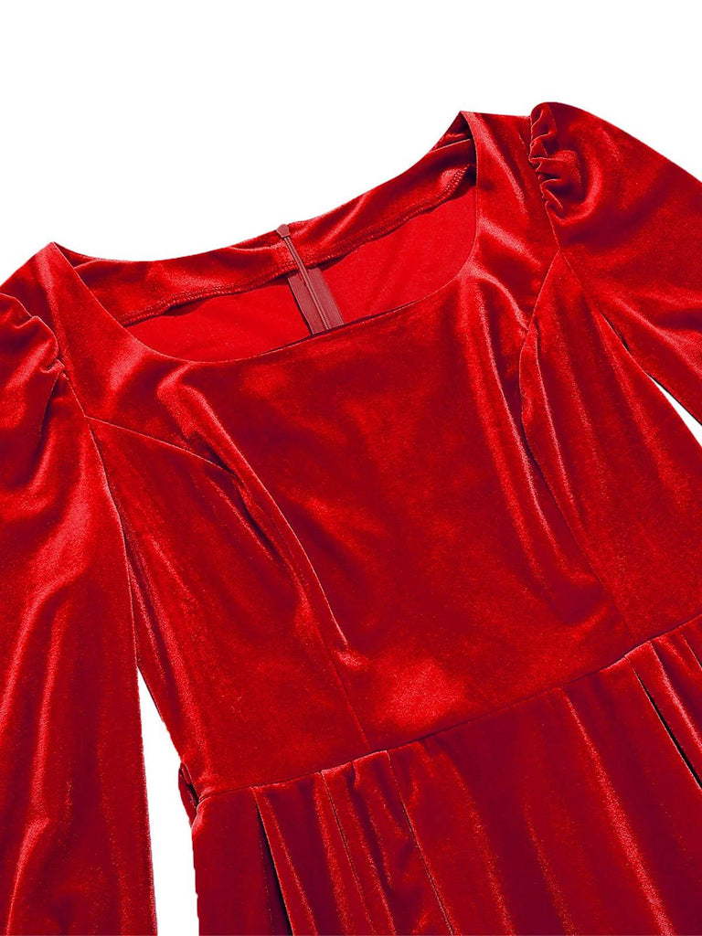 1950s Christmas Velvet Square Neck Long Sleeve Dress - vintage dress, retro fashion, rockabilly