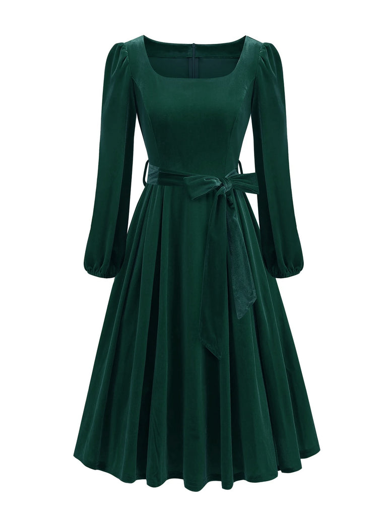 1950s Christmas Velvet Square Neck Long Sleeve Dress - vintage dress, retro fashion, rockabilly